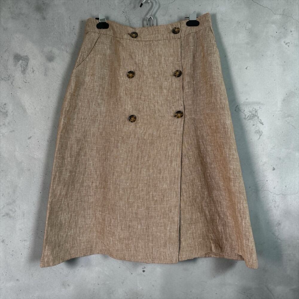 MANGO Women Beige Solid A-Line 100% Linen Skirt Buttons Size S Pockets Versatile